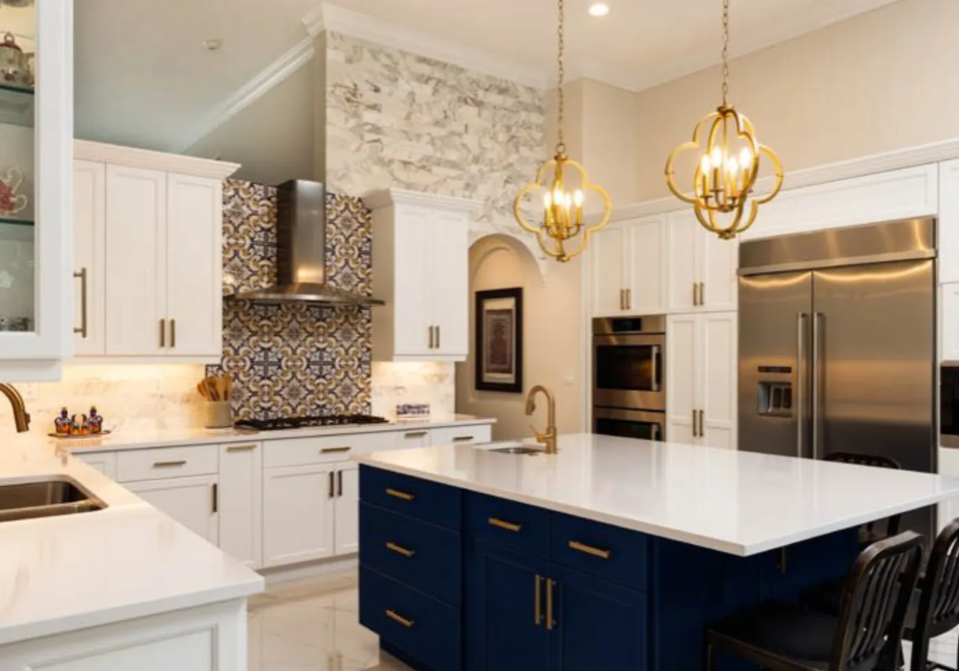 Large quartz island countertop with seating